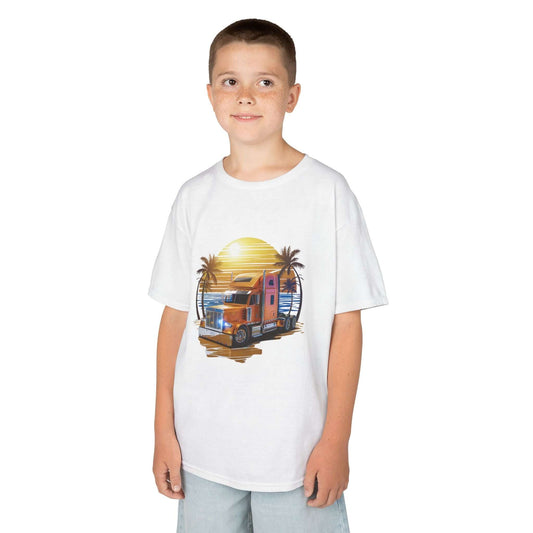 Kids tee featuring a sunset beach design with a truck, perfect for summer vibes and outdoor adventures.