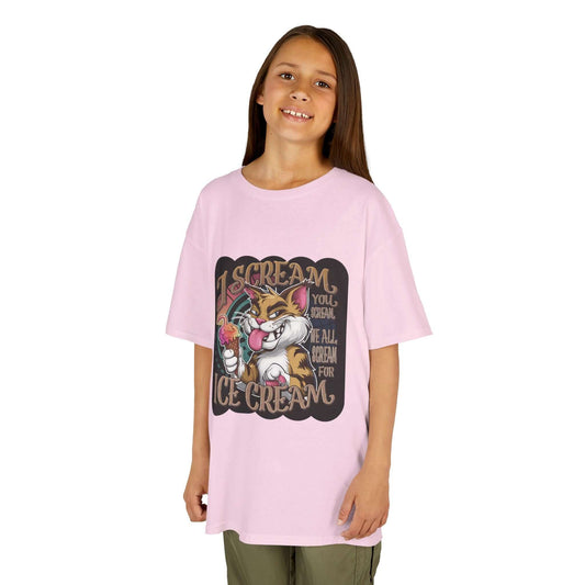 Kids tee with playful cat eating ice cream design and text 'I scream, you scream, we all scream for ice cream'