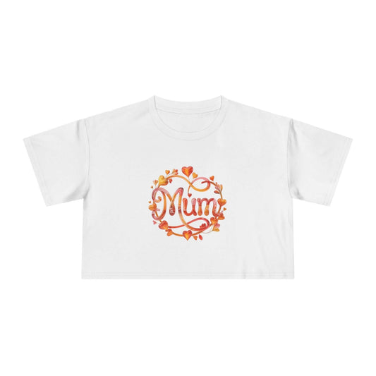 Cool white women's crop tee featuring 'Mum' in shimmering translucent floral and heart design, perfect for Mother's Day.