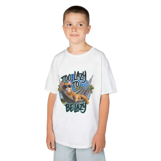 Kids tee featuring a lazy cat at the beach with the phrase 'Too Lazy to be Lazy', perfect for summer vibes.