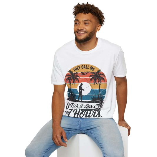 Model wearing a Retro Fishing T-Shirt with the quote 'They call me 007 0 Fish, 0 Bites, 7 Hours', ideal for fishing enthusiasts.