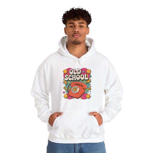 Old School retro vintage hoodie featuring a dial-up telephone design with colorful lightning bolts and stars.