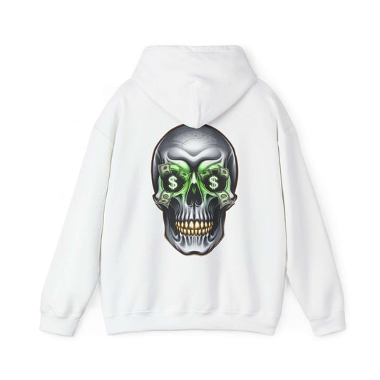 Cool skull hoodie with money symbols and dollar bills in eye sockets, perfect for streetwear fashion.