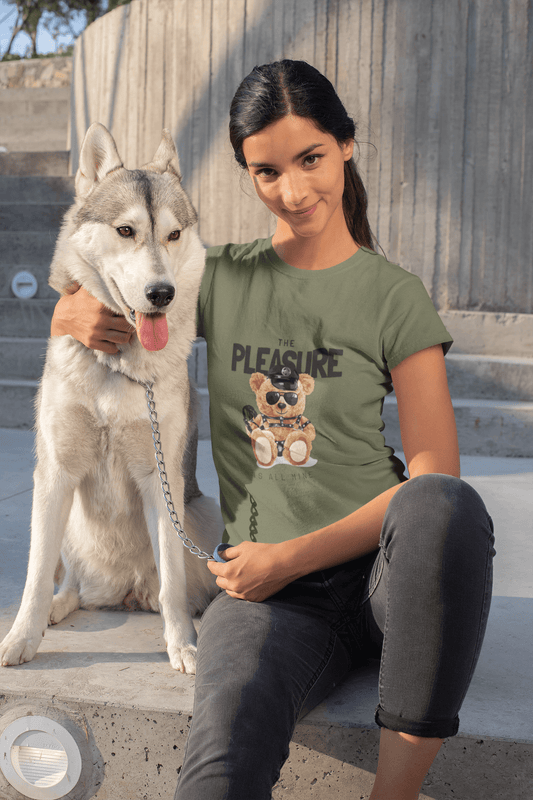 Woman wearing playful teddy bear graphic shirt, showcasing everyday fashion and fun apparel vibe.