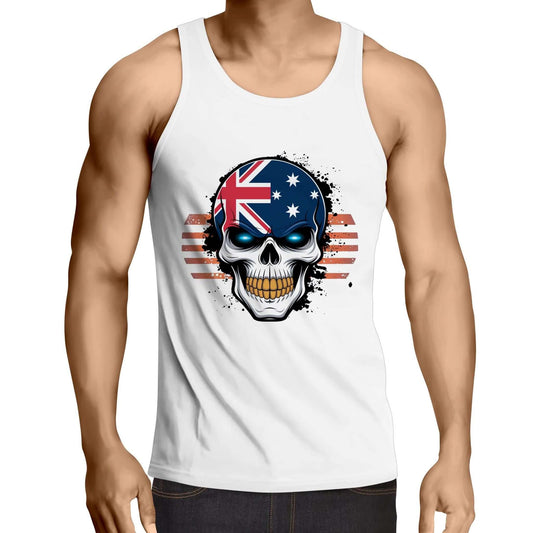 Retro Australian flag skull men's singlet top with glowing blue eyes and gold teeth, perfect for Australia Day celebrations.