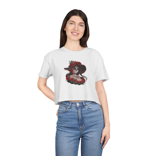 Chibi sugar skull woman crop Tee featuring roses, ideal for Halloween and Day of the Dead festivities with an edgy design.