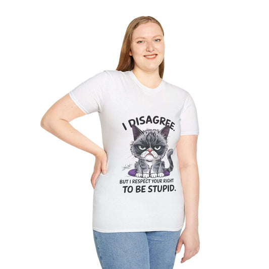 Woman wearing a Grumpy Cat t-shirt with the quote "I disagree But I respect your right to be stupid".