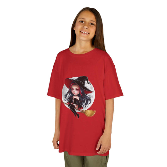 Kids Tee with chibi witch flying on her broom in front of a full moon, perfect for Halloween and playful kids.
