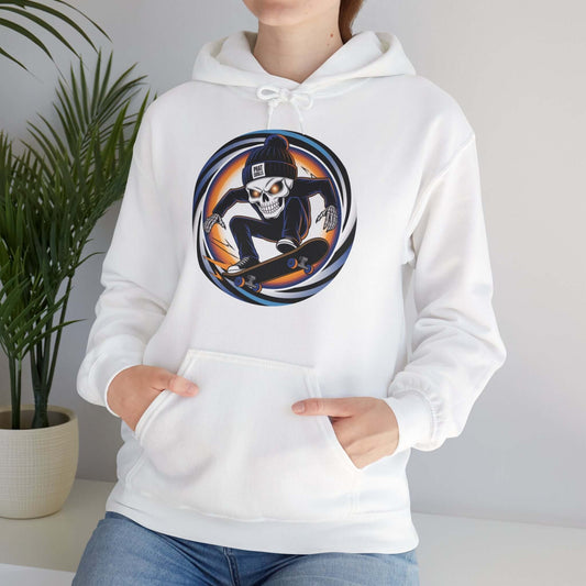 Edgy skeleton skater hoodie with retro design, featuring a skeleton on a skateboard wearing a 'Phat Skulls' beanie.