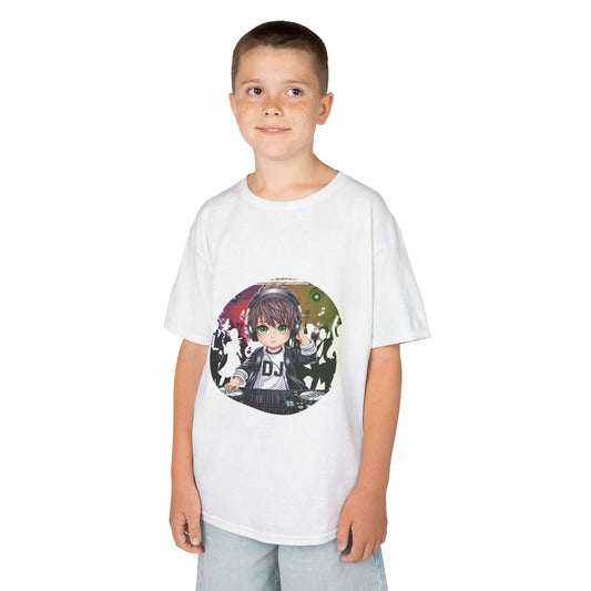 Kids T-Shirt with DJ chibi-style boy playing decks, perfect for young music lovers and party-goers.