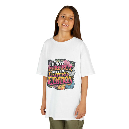 Kids tee with funny quote 'I'm not perfect but I am Limited Edition' and floral design, perfect for casual wear.