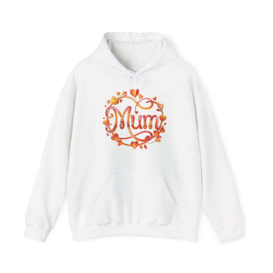 Cozy white hoodie featuring 'Mum' in shimmering translucent floral and heart design, perfect for Mother's Day.