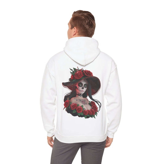 Chibi sugar skull woman hoodie featuring roses, ideal for Halloween and Day of the Dead festivities with an edgy design.