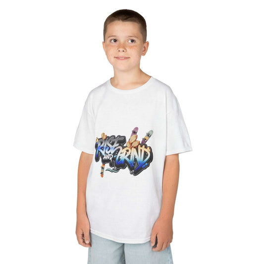 Unisex white kid's Tee with graffiti design 'Rise and Grind', featuring skateboards and an urban vibe.