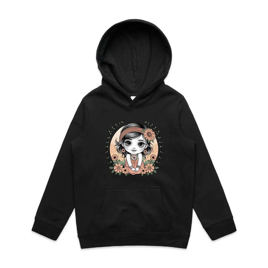 Cute chibi girl surrounded by flowers on a kid's black hooded jumper, perfect for young girls who love whimsical designs.