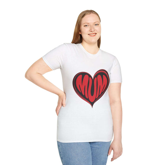 Model wearing a white unisex T-shirt with 'MUM' text in a heart, celebrating Mother's Day.
