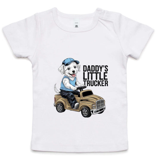 Cute puppy in a truck on a toddler tee, featuring 'Daddy's Little Trucker' design, perfect for trucker's kids.