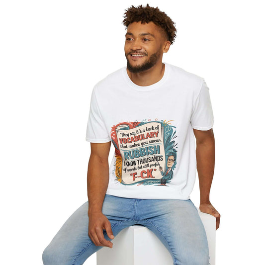Unisex T-shirt with a colorful graphic of a teacher and a funny quote about vocabulary, perfect for educators and comedy lovers.