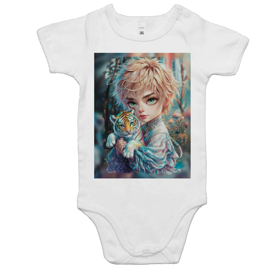 AS Colour baby onesie featuring a chibi boy holding a rainbow tiger in a colorful design.