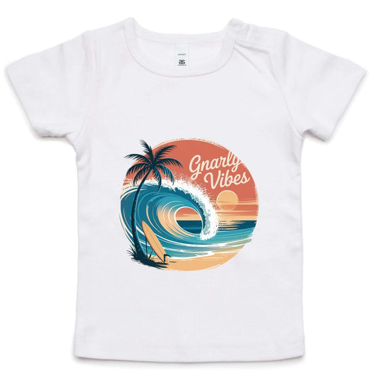 Unisex Vintage Sunset Beach Kids t-shirt with Gnarly Vibes surf culture design, big wave scene, and tropical sunset colors.