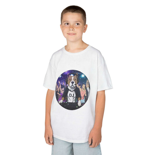 DJ Dog Kids Tee with vibrant dog DJ design and party goers in the background, perfect for music lovers.
