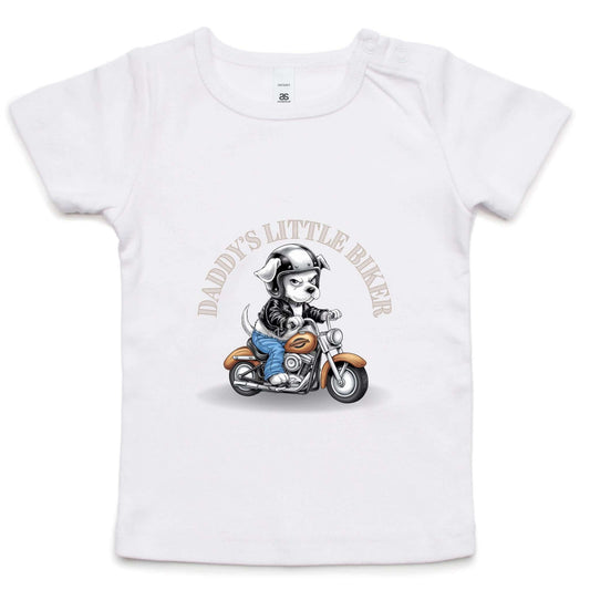 Cute toddler tee featuring a puppy in a leather jacket on a motorcycle with text 'Daddy's Little Biker'.