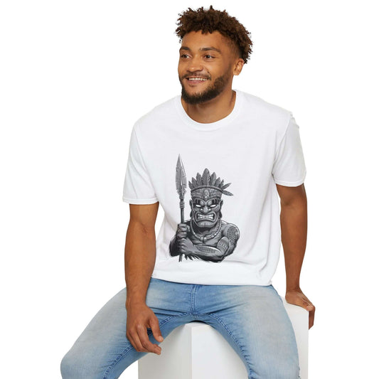 Unisex Tiki character T-shirt featuring a spear, adding unique fashion to summer outfits.