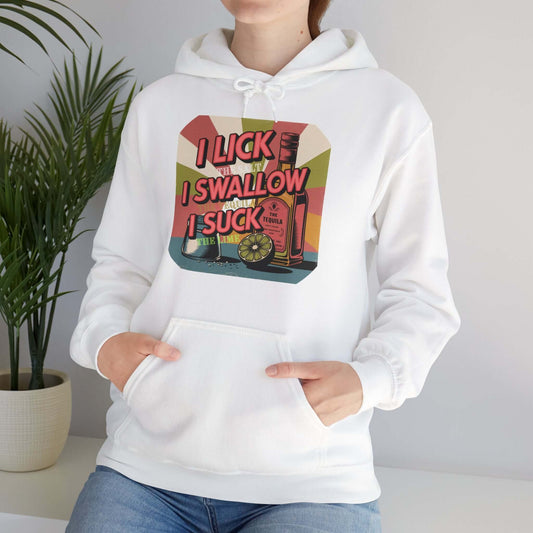 Funny Tequila hoodie with retro design, featuring playful text and tequila bottle, perfect for party vibes.