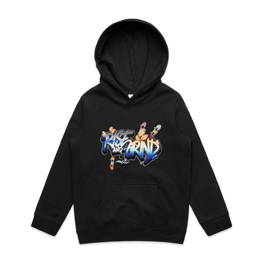 Kid's unisex hoodie featuring graffiti skater design 'Rise and Grind' with skateboards and coffee leaves, ideal for urban streetwear.