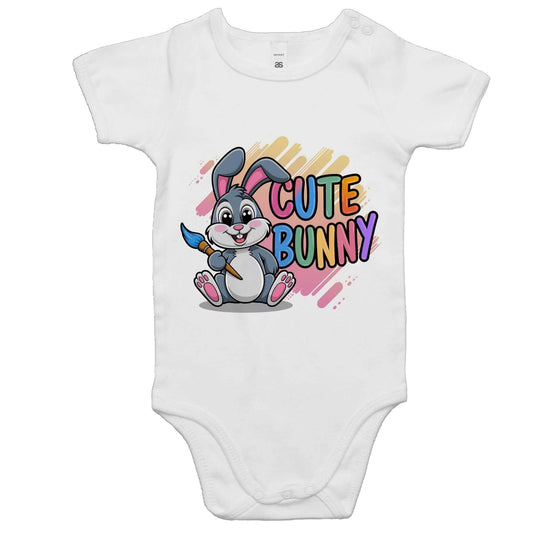 AS Colour cute bunny baby onesie featuring an adorable bunny with a paintbrush and colorful 'Cute Bunny' text.