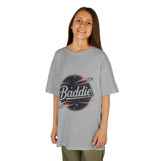 Kids tee featuring retro 'Baddie' universe design with text, perfect for trendy everyday wear.