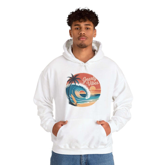 Unisex Vintage Sunset Beach Hoodie with Gnarly Vibes surf culture design, big wave scene, and tropical sunset colors.