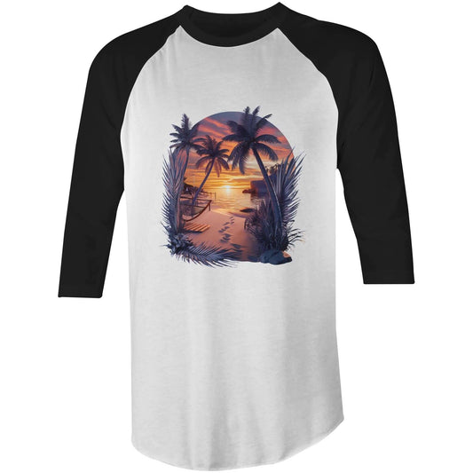 AS Colour Raglan 3/4 Sleeve T-Shirt featuring Sunset Island Beach design, perfect for summer vibes and casual outings.
