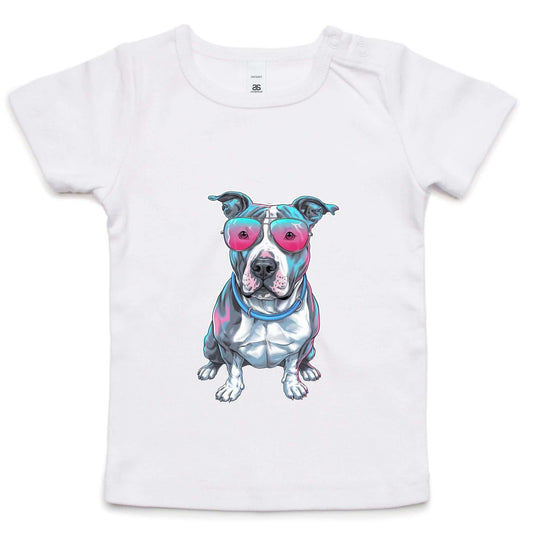 AS Colour infant tee featuring a retro synth wave Pit Bull design with pink sunglasses, ideal for dog lovers.