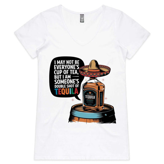 Funny tequila quote V-neck t-shirt with sombrero-wearing tequila bottle design for summer vibes and casual wear.