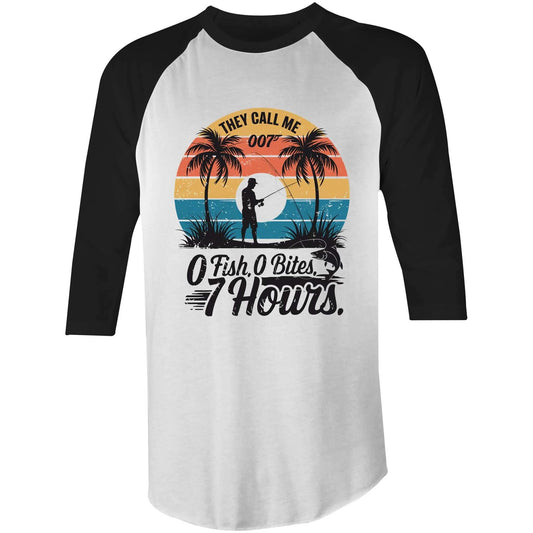 AS Colour 3/4 Sleeve T-Shirt with funny fishing quote 'They Call Me 007 0 Fish 0 Bites 7 Hours' retro sunset design.