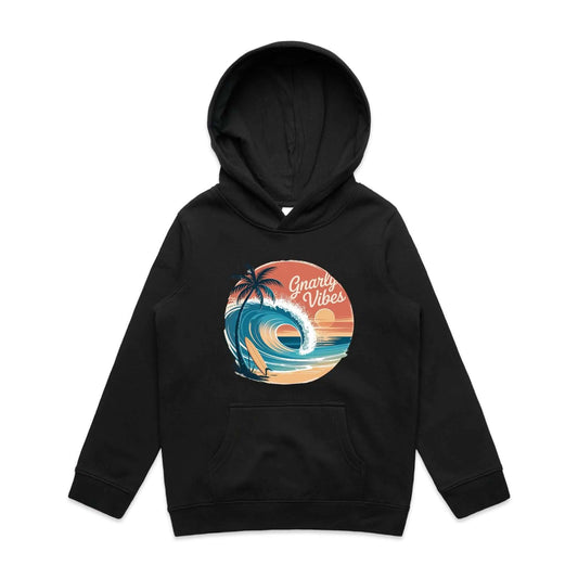 Vintage beach kids hoodie with big wave graphic, palm trees, and 'Gnarly Vibes' text, perfect for surf culture enthusiasts.