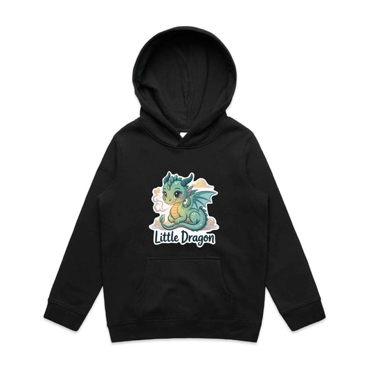 Kids black hooded jumper featuring an adorable 'Little Dragon' cartoon character design.