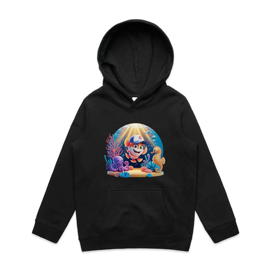 AS Colour Sea Life Youth Hoodie with colorful cartoon fish, octopus, and seahorse design, perfect for kids fashion.