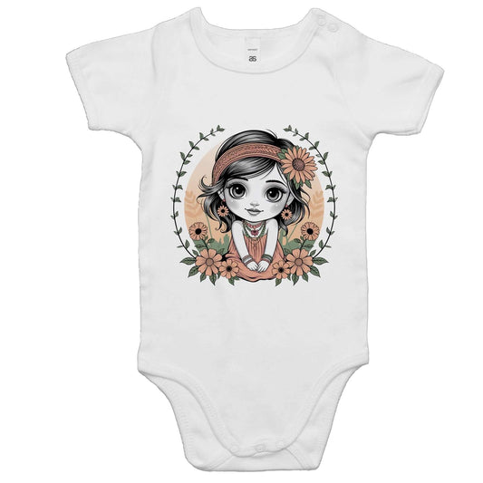 Adorable baby onesie featuring a cute chibi girl surrounded by flowers, perfect for young girls' everyday wear.