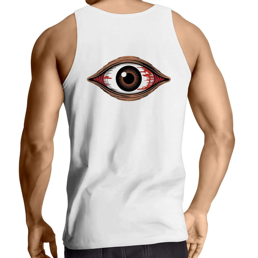 Back view of a white singlet top featuring a spooky bloody brown eye design, perfect for music festivals and Halloween.