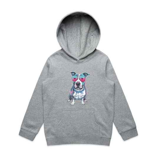 Kid's AS Colour hoodie featuring a retro synth wave Pit Bull design with pink sunglasses, ideal for dog lovers.-shirt featuring a retro synth wave Pit Bull design with pink sunglasses, ideal for dog lovers.