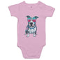 Toddlers AS Colour baby onesie featuring a retro synth wave Pit Bull dog design with pink sunglasses, ideal for dog lovers.