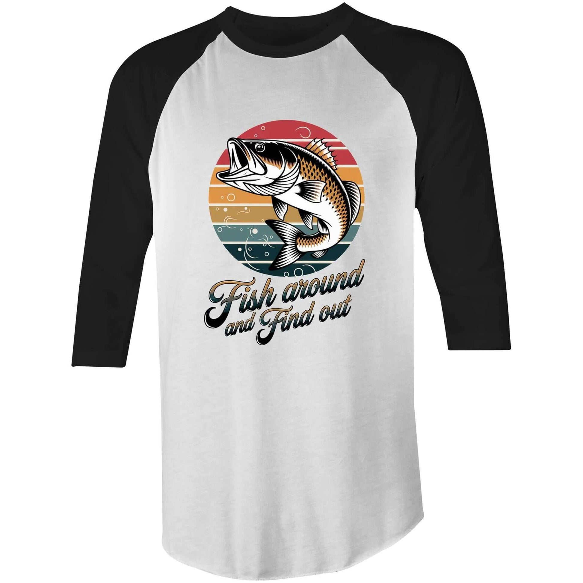 AS Colour 3/4 sleeve fishing shirt with funny retro sunset and fish design and 'Fish around and Find out' quote.