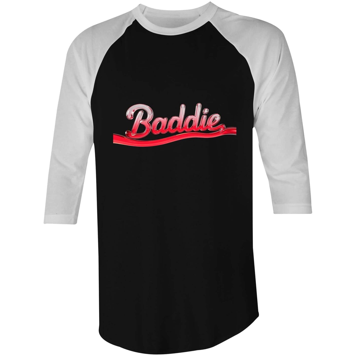 Trendy AS Colour Baddie 3/4 sleeve t-shirt with translucent red typography design on black. Cool streetwear style.
