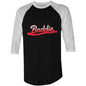 Trendy AS Colour Baddie 3/4 sleeve t-shirt with translucent red typography design on black. Cool streetwear style.