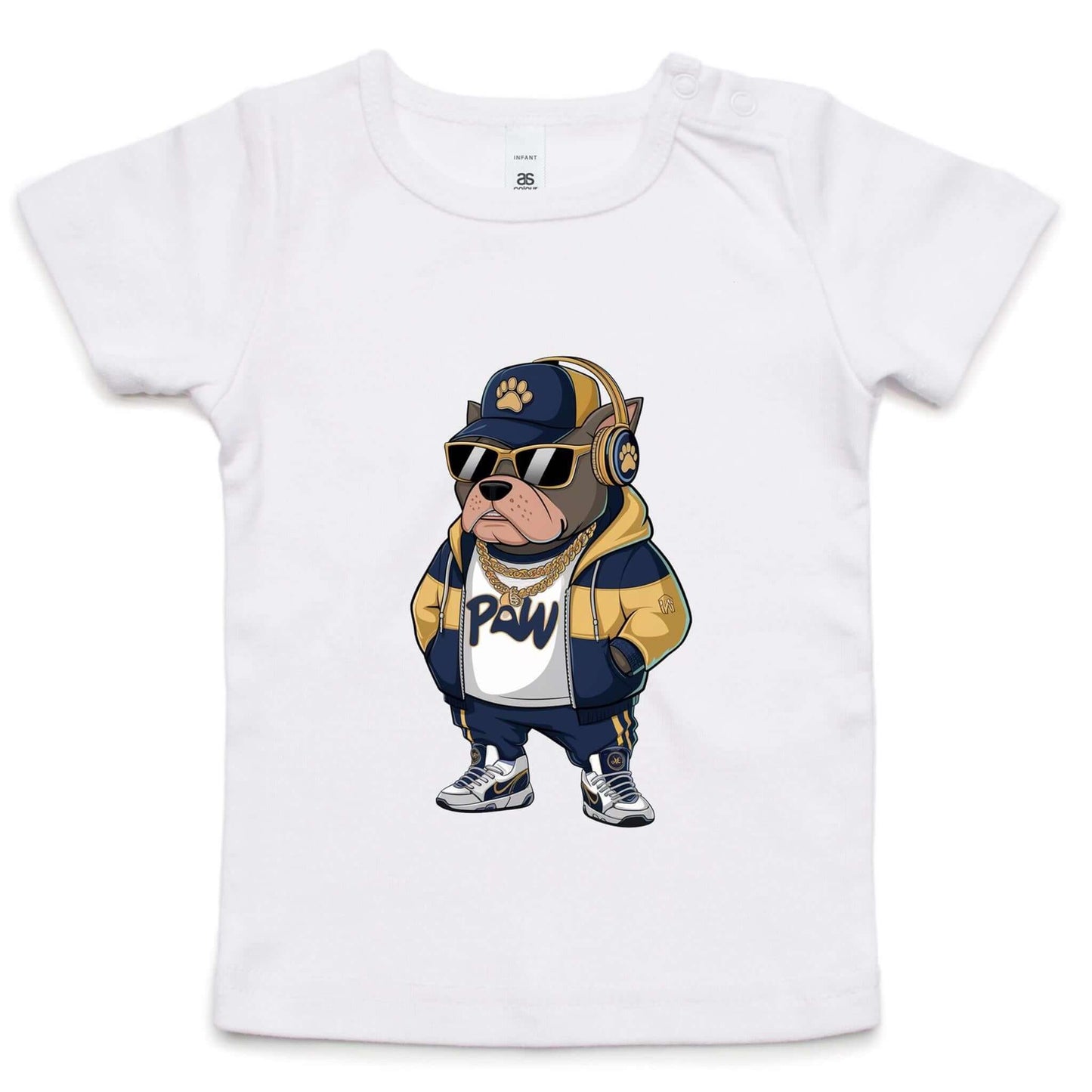 AS Colour toddler tee featuring gangster Pit Bull Dog in headphones, hoodie, sunglasses, and gold chains.