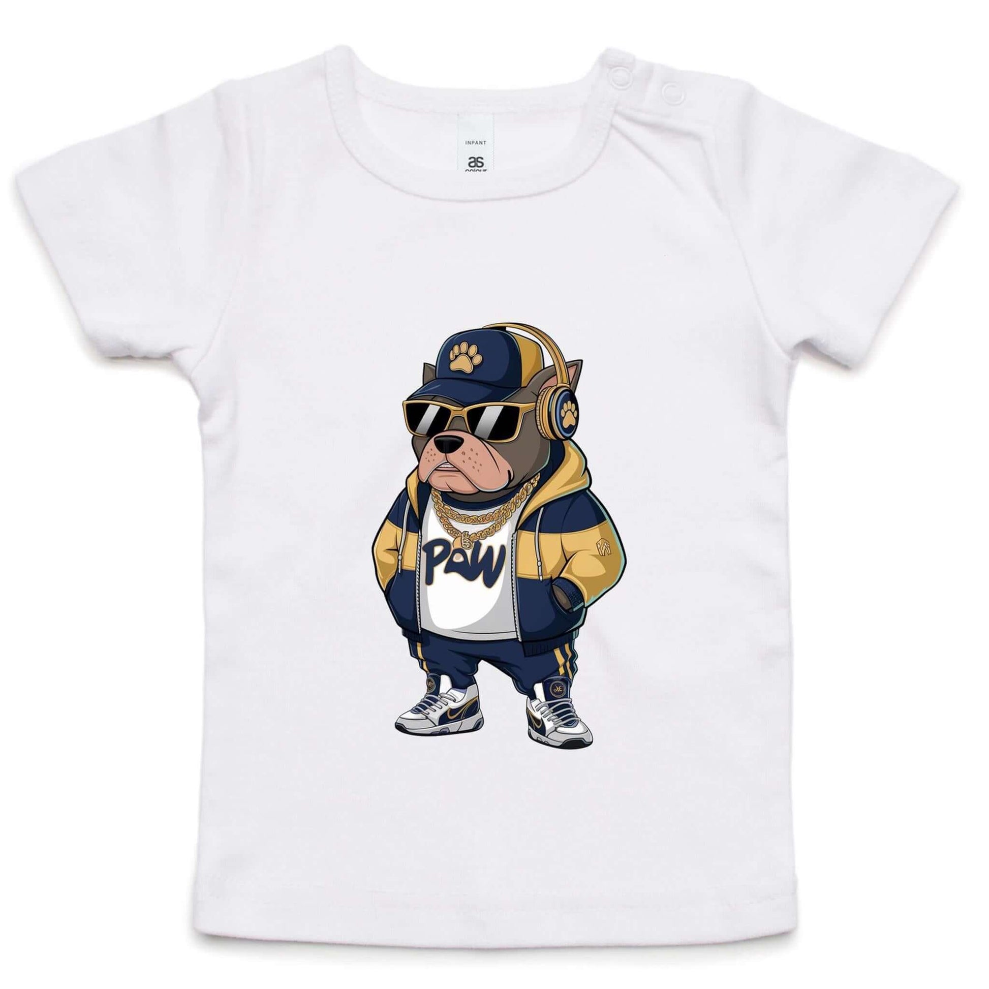 AS Colour toddler tee featuring gangster Pit Bull Dog in headphones, hoodie, sunglasses, and gold chains.