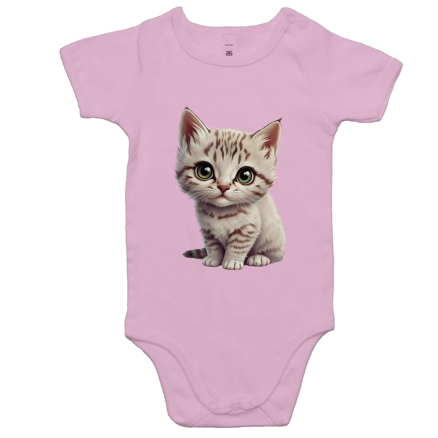 Cute pink baby onesie with adorable white kitten graphic design for infants and toddlers, perfect for cat lovers.
