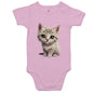 Cute pink baby onesie with adorable white kitten graphic design for infants and toddlers, perfect for cat lovers.